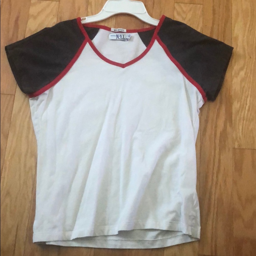 White, red, and grey baseball t-shirt